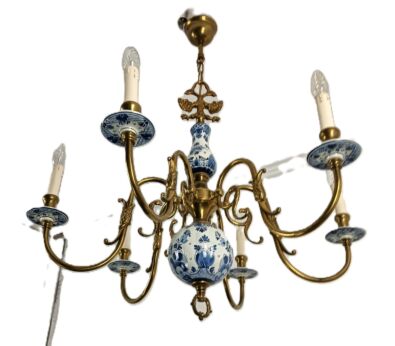 Delft chandelier fixture blue white porcelain brass, 6 arm lights barn style