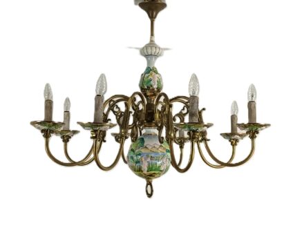 XL porcelain Capodimonte Porcelain Brass 8 arm Lights Italy vintage 