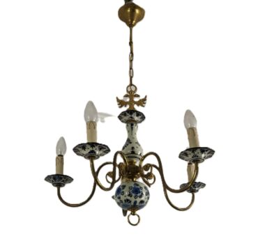 Delft chandelier porcelain blue white 5 arm lights vintage barn style