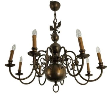 Large Vintage Chandelier Flemish Dutch Eagles 8 lights arm farmhouse style brass