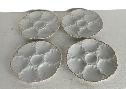 4  Oyster Plates Porcelaine de Baudour Cerabel White with Golden Rim Belgium