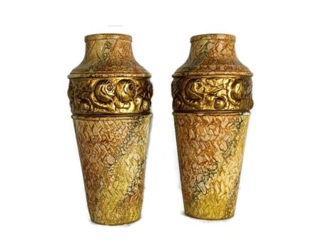 Couple art nouveau plaster vases rose motife gold colored antique