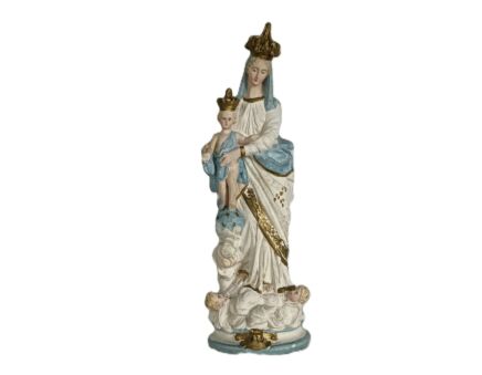 antique Neo Gothic Statue Plaster Polychrome Our Lady of Victory With Infant Jesus Angels small