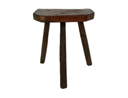 antique carved wooden milking stool plant stand pedestal side table barn style tripod France