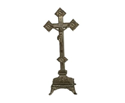 standing vintage table crucifix cross, spelter crucifixion 
