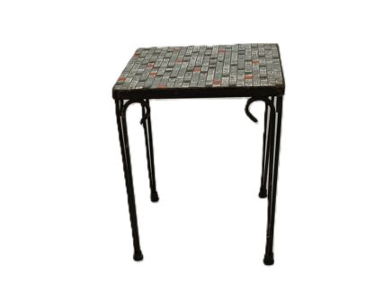 Small Side Table Plant stand Mosaic tiles Checkered pattern Wrought Iron vintage funky