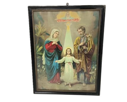 Art deco print behind glass wooden frame wall hanging Holy Family Jesus Christ Madonna St Joseph