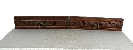 Pair of Ornate Carved Oak Drawer Front Panels with Brass Pulls
