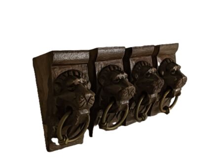 Antique set of 4 Corbels Hand Carved Wood Pediments Trims Architectural Lion Heads with rings 