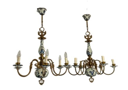 two vintage chandeliers Delft Blue white porcelain brass 6 arm farmhouse style