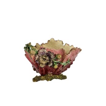 Antique French Barbotine Faience Jardinière Centerpiece Planter with Polychrome Flowers