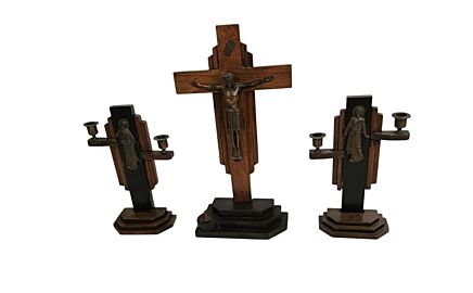 Antique Art Deco Wooden Altar Set: Standing Crucifix & Two Candle Holders