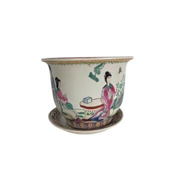 Vintage Chinese Porcelain Enamel Koi Fish Bowl Planter with Dripper Plate, 1950s
