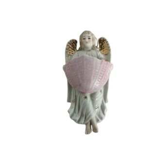 French Holy Water Font Angel Hand Painted Bisque Porcelain Vintage Baby Pink