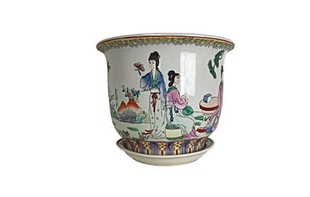 Vintage Chinese Porcelain Enamel Koi Fish Bowl Planter with Dripper Plate, 1950s Hand-Painted