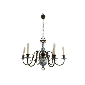 Vintage Delft Blue  White 6-Arm Chandelier with Ornate Brass Eagle  Fish