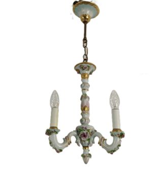 Vintage Italian Porcelain Chandelier with 3D Flowers & Gold Trims - 3 Arm
