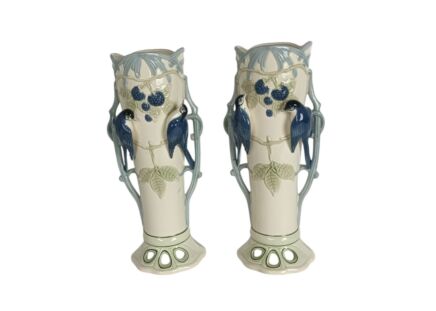 Art Nouveau Marked Ceramic Vases, Swallows and Berries - Pair