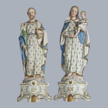 Pair of Large Antique Virgin Mary & Saint Joseph Porcelain Bisque Statues from France Mayer et  Fils