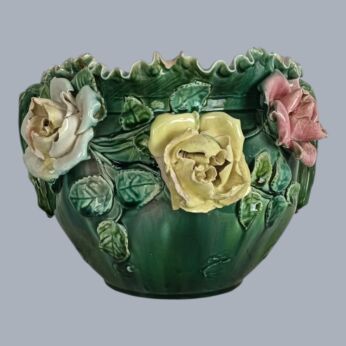 Antique Art Deco Faience Barbotine Planter with 3D Flowers - 1920s France