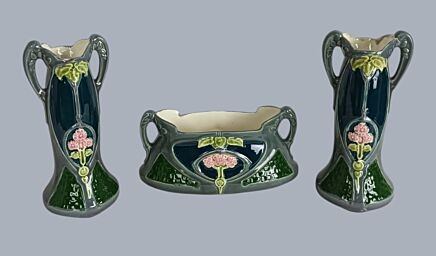 Barbotine Art Nouveau Centerpiece & Vases Garniture Set of 3, France (1920s)