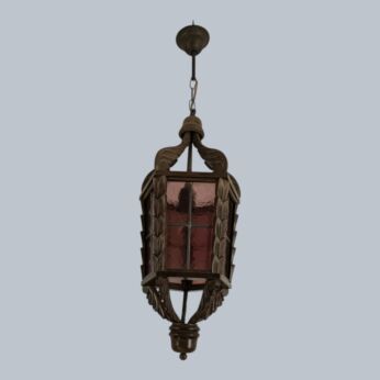 chandelier Pendant lamp Lantern Purple Art glass Leaded glass carved wood vintage