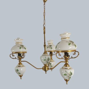 GWTW style vintage chandelier lights porcelain shades hand painted 3 arm Brass 