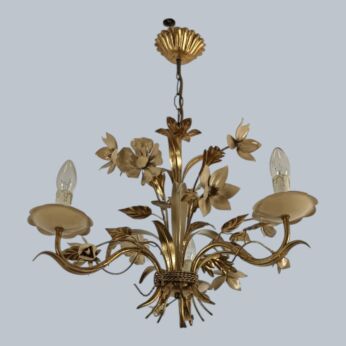 Hollywood Regency Chandelier 3 arm Lights Ornate gilded flowers tole Leafs Italian vintage