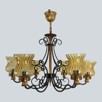 Chandelier 6 Lights Amber Glass Shades Wrought Iron antique 
