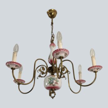 Chandelier Italy Pink Flowers Porcelain  6 lights arm Vintage Brass Farmhouse style Italian