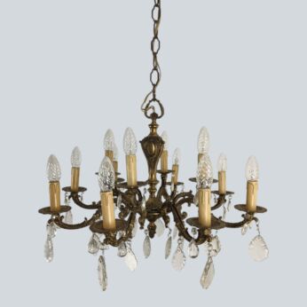 12 Arm Lights Chandelier Revival Hollywood Regency Style Brass Ornate Prisms vintage large