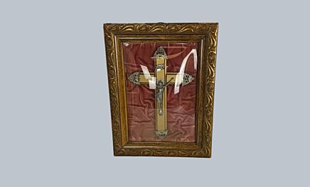 Antique Wooden Frame Red Velvet Convex Glass Crucifix Cross Corpus Christi