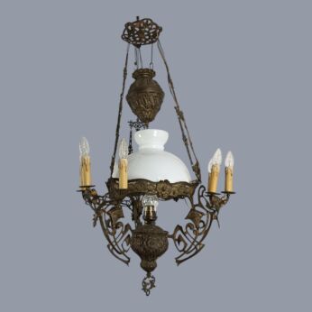 Impressive Art deco chandelier Lampe Belge Marked Willem glass shade bronze WOW 