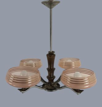 Art Deco Chandelier Fixture Art Glass Pink  Shades Chrome  4  lights Antique