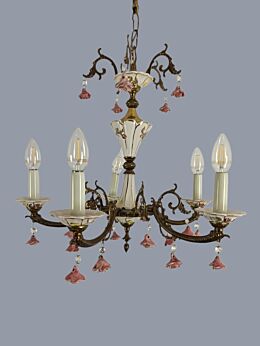 Italian Chandelier 6 arm Lights Ornate Brass Porcelain Flowers Pink Roses Lovely