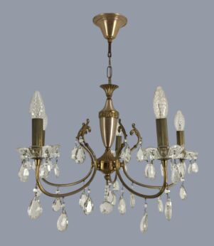 French Revival vintage chandelier brass candles crystal prisms 5 arm