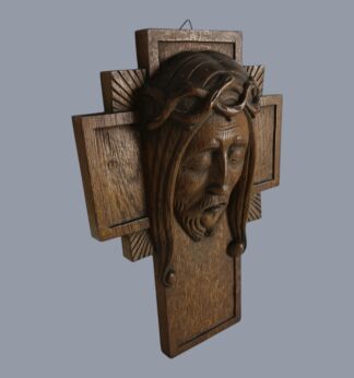 Hand Carved Wood Art Vintage Jesus Christ Head of Thorns Sculpture Crucifix