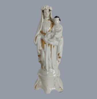 Mini Antique Vieux Bruxelles Madonna Infant Jesus Porcelain Statue