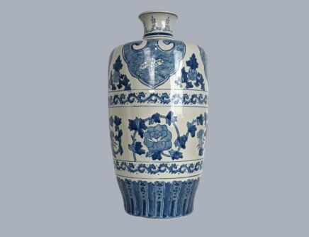 Large Chinese Blue White Porcelain Peony Scroll Vase 1900s Marked
