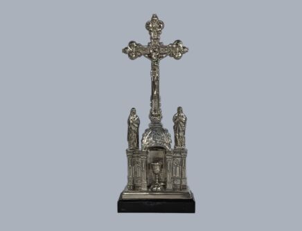 Vintage Ornate Spelter Faux Brass Chalice Standing Crucifix Jesus Christ Mater Dolorosa