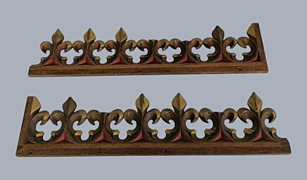 Pair of Pediment Trims Antique Carved Wood Gold Touches Fleur de Lis Reclaimed Architectural