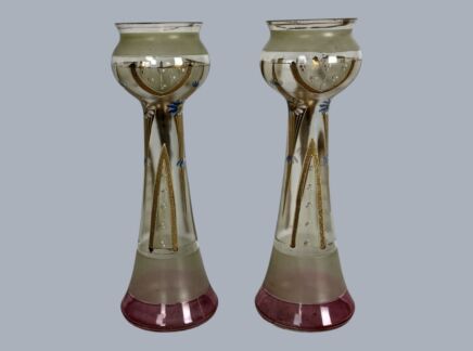 Pair Antique Art Deco French Hand Painted Enamel Art Glass Vases