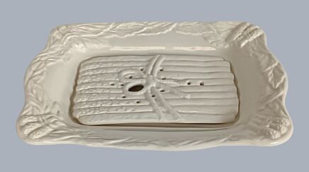 Vintage White Ceramic Asparagus Serving Dish Tray with Dripping Plate France