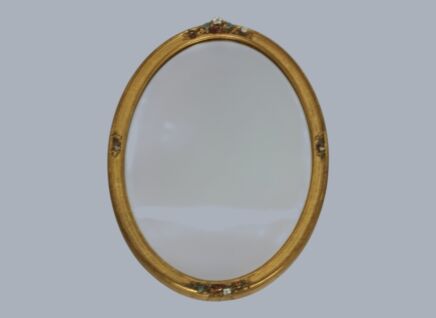 Oval wall hanging mirror gold color with polychrome small flowers wood Deknudt Belgium
