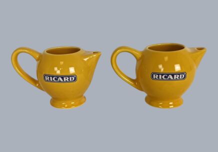 Two  Yellow Ricard Pitcher Jars Ceramic France French Authentic Apero Pastis vintage