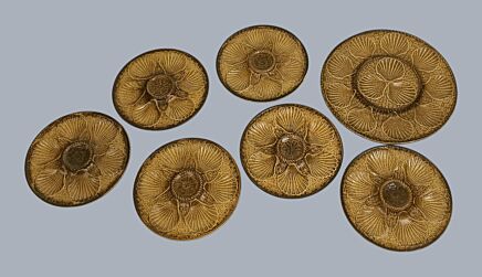 Set of 7 Ceramic Longchamp Six Oyster seafood brown 6 Plates and a serving Platter France marked