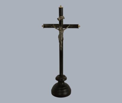 Antique Dark Carved Wood Table Standing Crucifix Round Base Spelter Corpus