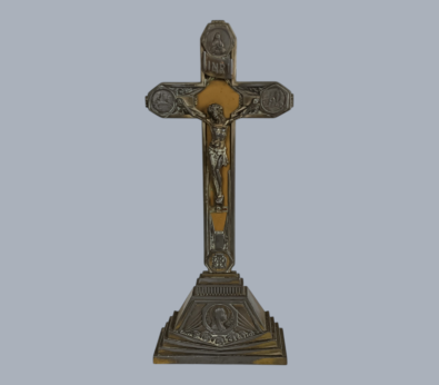 Vintage Spelter Standing Crucifix Cross Table Desk Crucifix Lourdes Very Rare