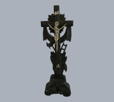 Antique Dark Wooden Standing Altar Desk Crucifix with Spelter Corpus
