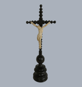 Antique Twisted Wood Standing Altar Crucifix with Meerschaum Corpus